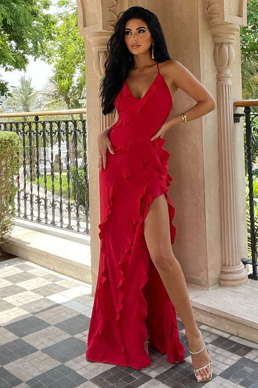 Price Cut Run The World | Red Plunge Neckline Ruffle Maxi Dress