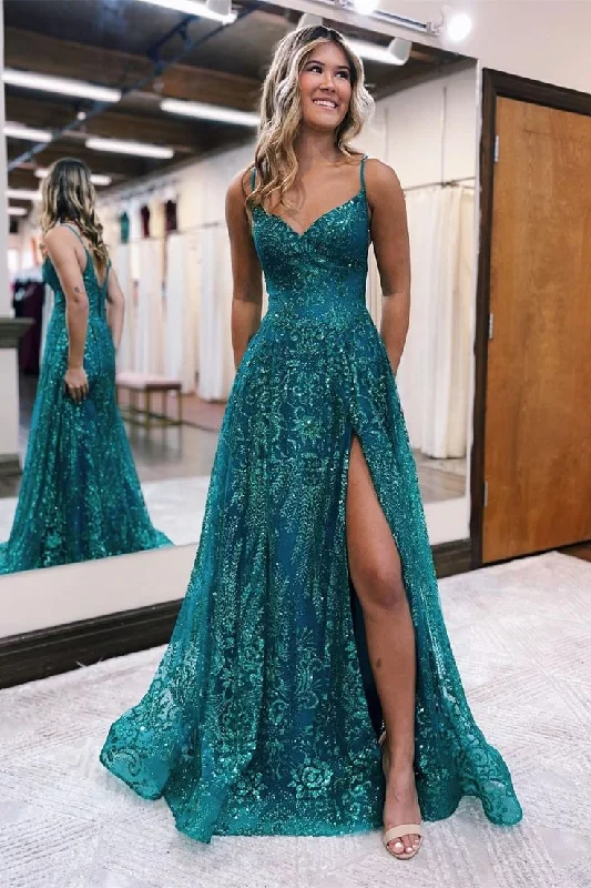 Special Offer romantic dressGreen A-line Spaghetti Straps Lace Sleeveless Long Prom Dress With Slit,DP714