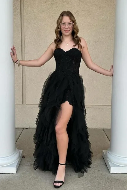 denim dressBlack Sweetheart Strapless Tulle Ruffles Long Prom Dress with Slit, DP2576