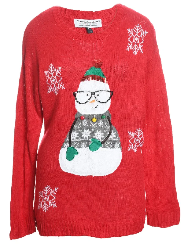 Super Bargain Red Knit Snowman Design Christmas Jumper  - L