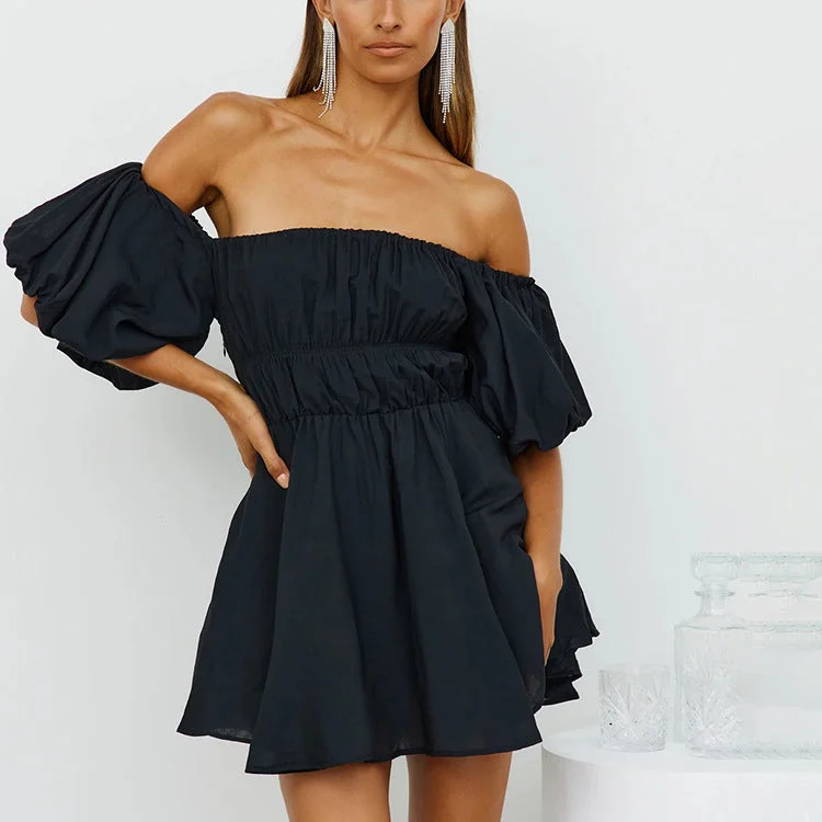 evening dressTess Off The Shoulder Puff Sleeve Dress - Black