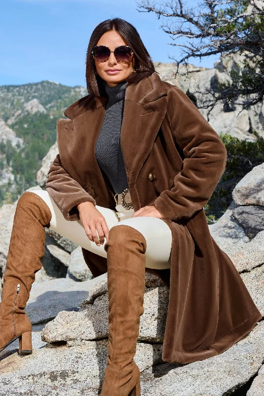 Act Now Plush Double-Breasted Teddy Coat Toffee