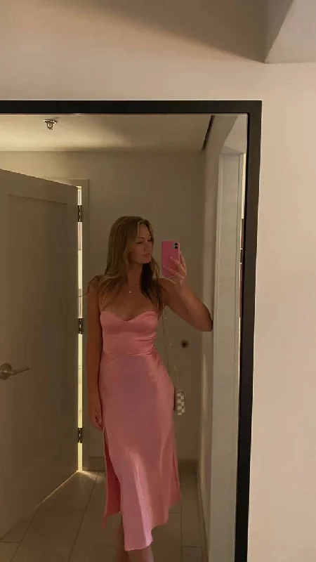 Clearance Items midi dressPink Silky Satin Backless Mid Length Party Dress,DP1047
