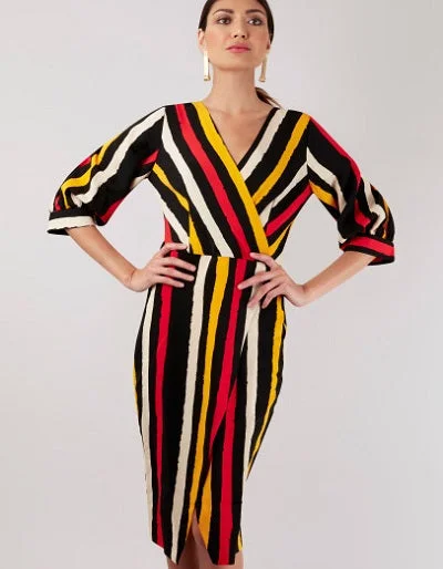 wrap-around dressMarie Black Multi Stripe Wrap Style Dress