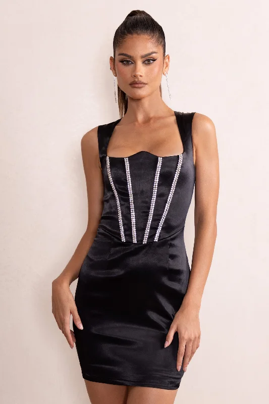 Super Sale Elyse | Black Satin Reverse Sweetheart Neckline Corset Mini Dress With Diamante Detail