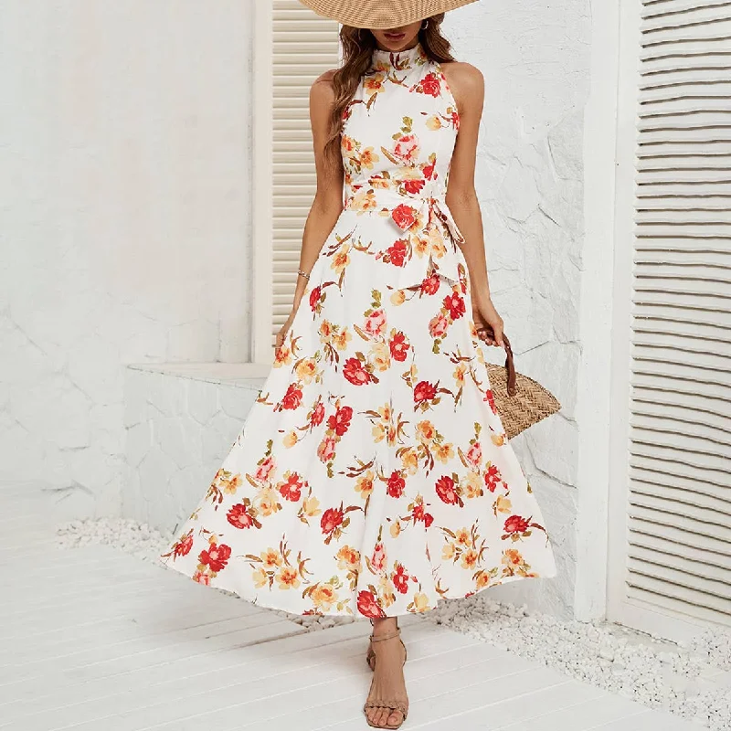 puff sleeve dressBelt-up dress with high neck and waist_CWDMD1823