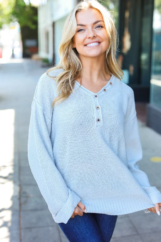 Grey Knit Button Henley Sweater