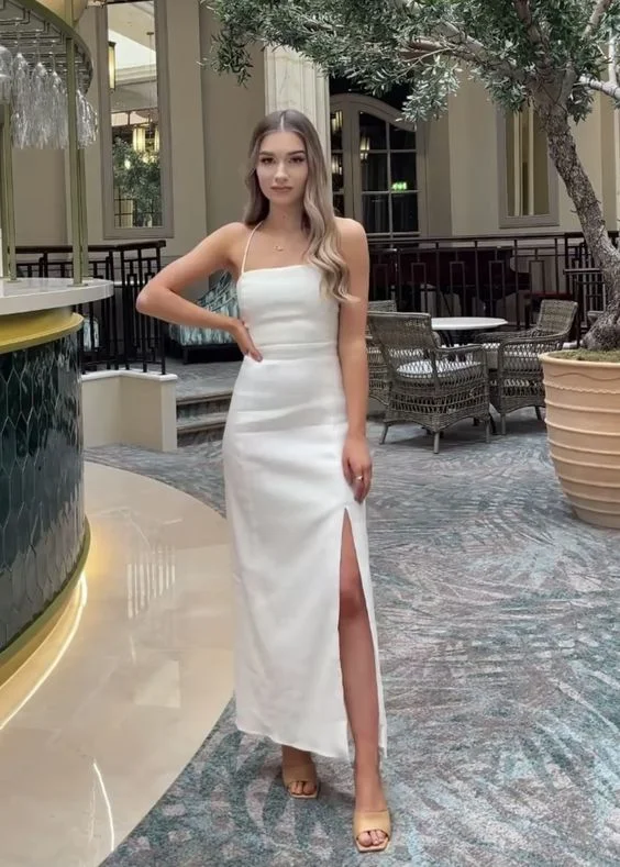 Limited Time floral dressSimple White Satin Spaghetti Straps Party Dress with Slit,DP1045