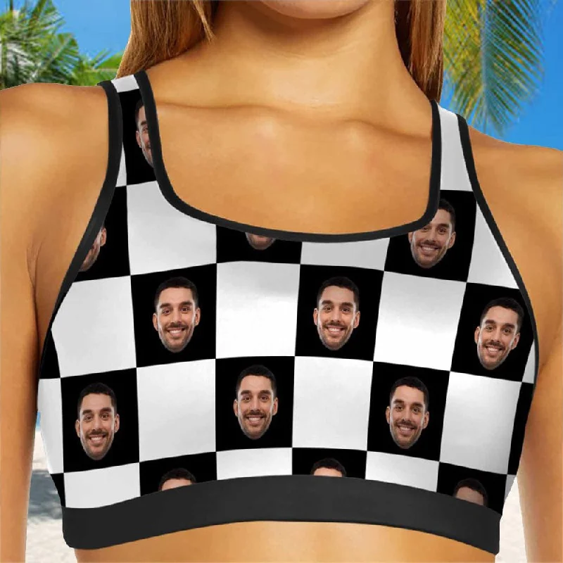 Closeout Custom Husband Face Checkerboard Sports Bra Personalized Women's All Over Print Yoga Sports Bra