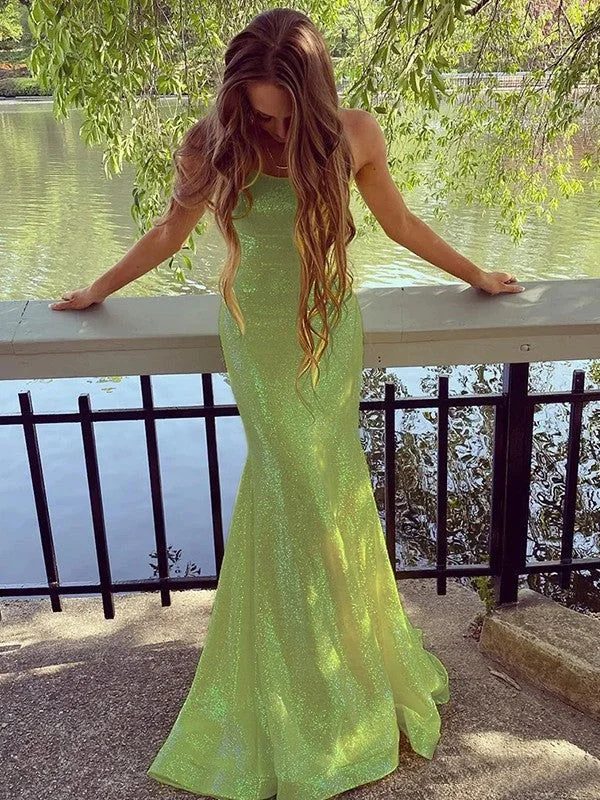 Stock Clearance high-waisted dressGreen Spaghetti Straps Mermaid Long Prom Dress,DP937