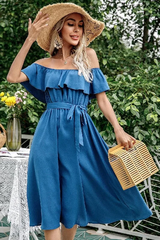 classic fit-and-flare dressBIG RUFFLE LACE OFF SHOULDER TIED WAIST DRESS