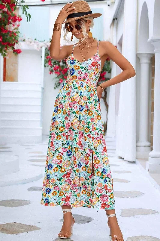 high-waisted dressFLORAL V NECK SPAGHETTI STRAP SLIT DRESS