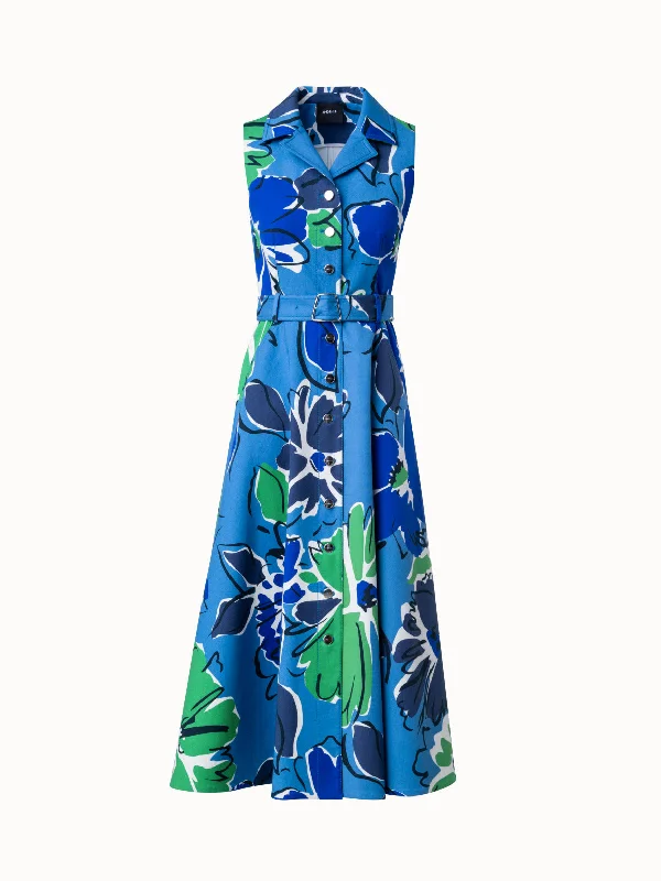 denim dressMidi Dress in Cotton Silk Double-Face with Sketched Abraham Flower Print