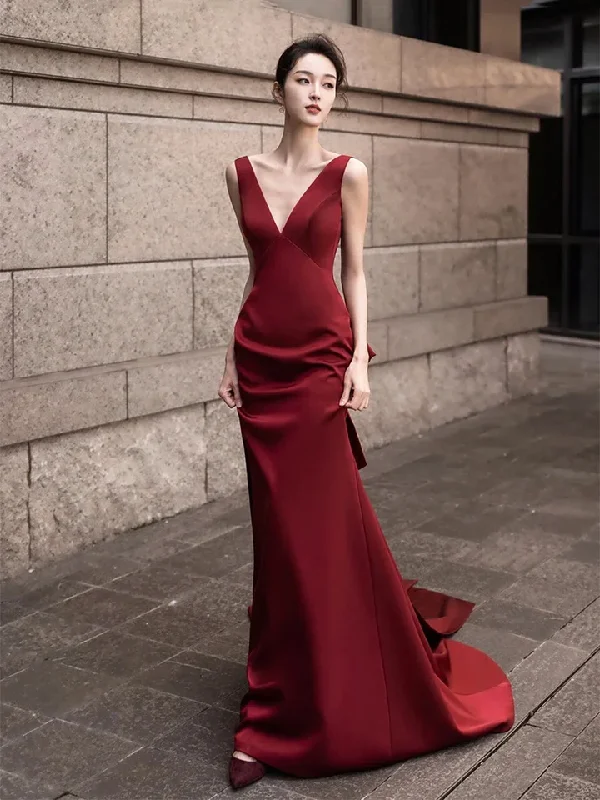 casual dressBurgundy V-Neck Satin Backless Long Prom Dress Evening Party Dress,DP1709