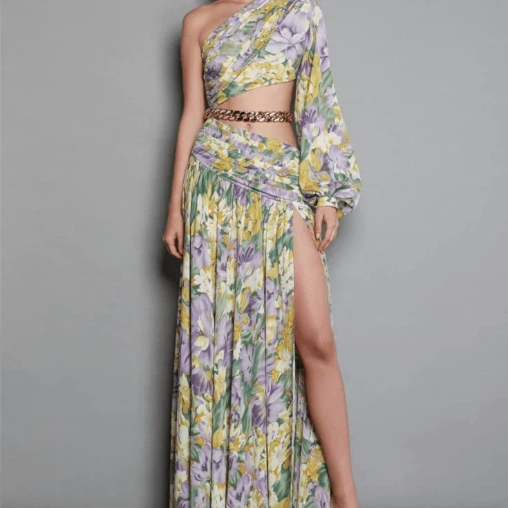 sleeveless dressKittenAlarm - Krissy One Shoulder Chain Embellishment Floral Maxi Dress