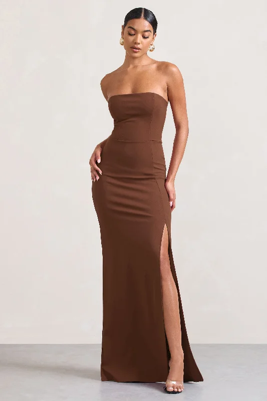 Great Bargains Belle of The Ball | Brown Bandeau Maxi Dress With Split Hem