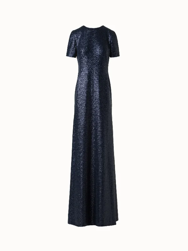 elegant evening dressLong Sequined Evening Gown with Short Sleeves