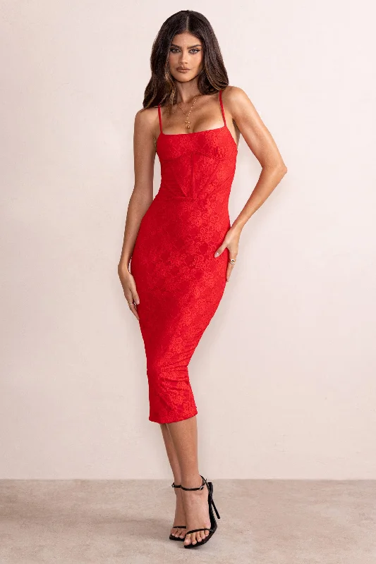 Big Discounts Anele | Red Lace Overlay Corset Midi Dress