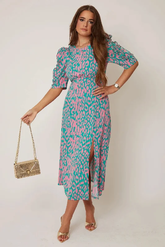 floral wrap dressEmilie Pink and Turquoise Print Frill Sleeve Midi Dress