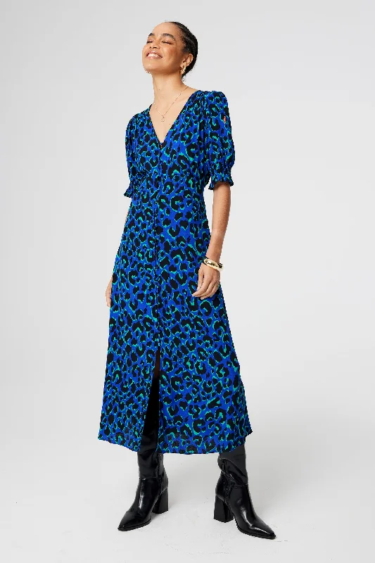 casual dressBlue with Green and Black Shadow Leopard Flute Sleeve Midi Tea Dress