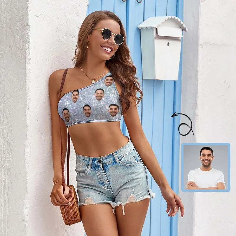 Year-End Sale Design Husband Face Top Shiny Silvery Personalized Women's One-shoulder Crop Top Summer Beach Vest Year-End Sale Design Husband Face Top Shiny Silvery Personalized Women's One-shoulder Crop Top Summer Beach Vest