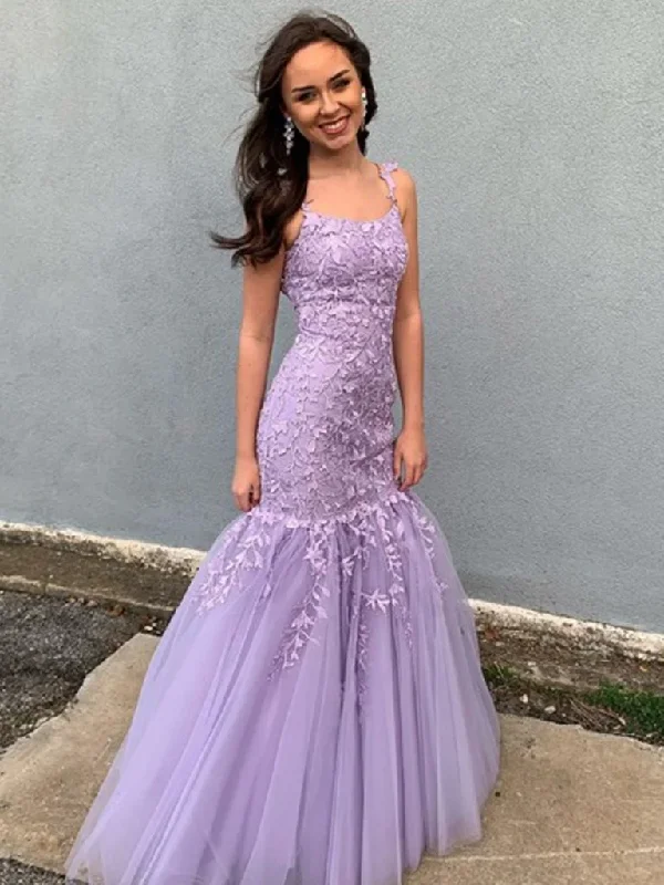 Today’s Deal puff sleeve dressLilac Appliques Tulle Mermaid Long Prom Party Dress,DP999