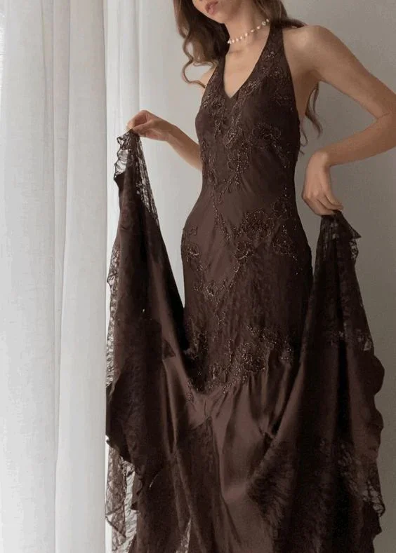 chic slip dressVintage Halter Party Dress Brown Lace Evening Dress, DP2279