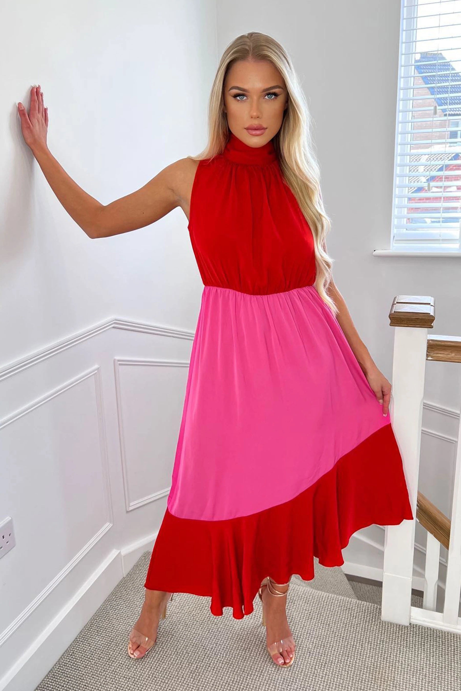 layered dressYvette Red and Pink High Neck Tiered Midi Dress