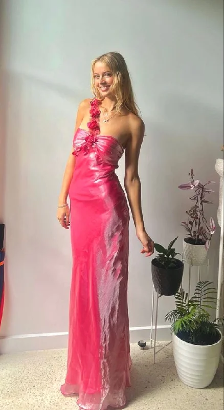 Today’s Deal form-fitting dressHot Pink One Shoulder Floral Long Party Dress,DP1049