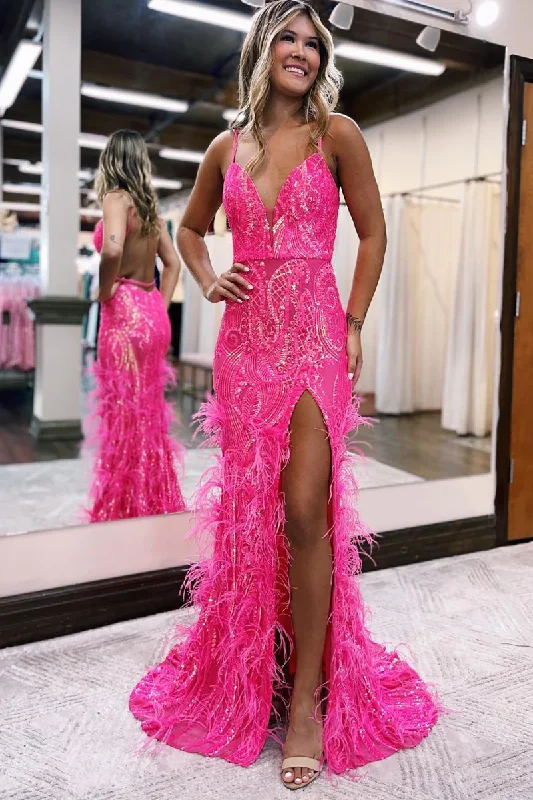 casual evening dressHot Pink Sequined V Neck Feather Long Prom Dress with Slit,DP1751