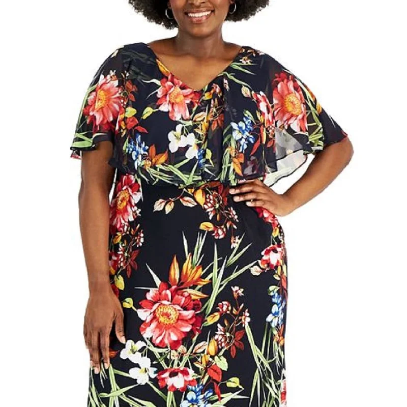 Final Sale Connected Women's Printed Popover Detail Maxi Dress Blue Size 20W