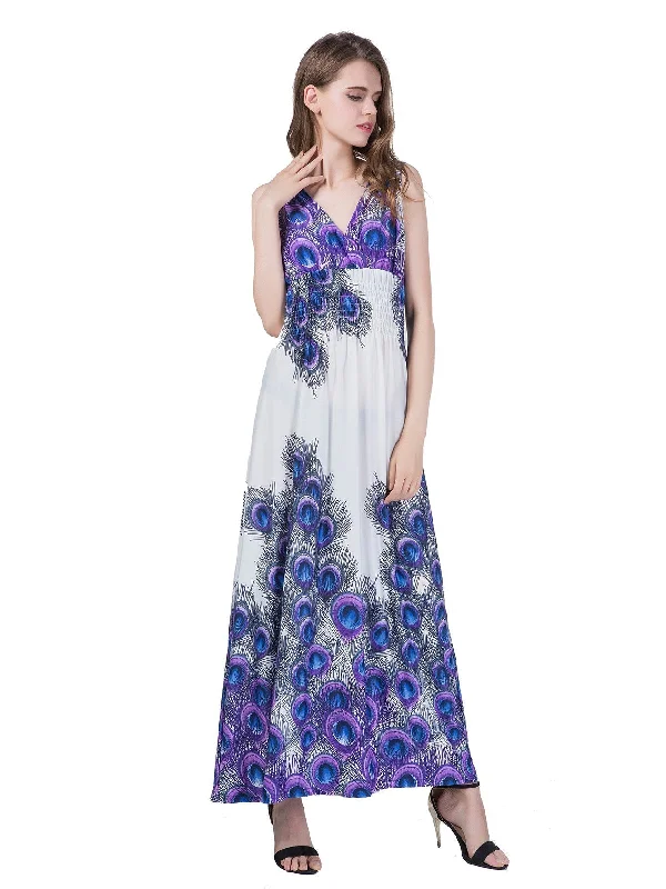 elegant maxi dressKittenAlarm - Plus Size 6XL Peacock Double V-neck Print High Elastic Waist Maxi Dress Beach Dress