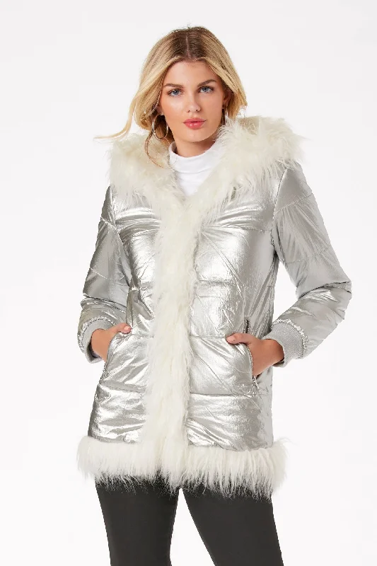 Huge Savings Hooded Metallic Faux Fur Puffer Coat Silver