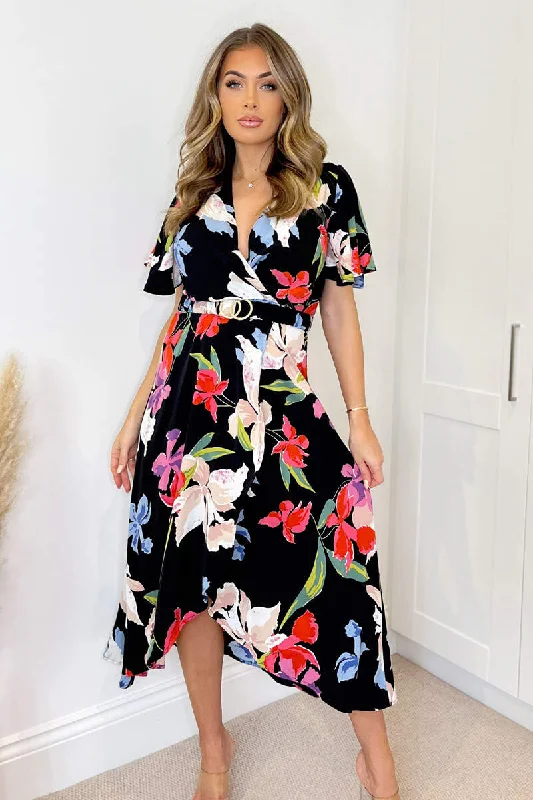 sophisticated dressWillow Black Floral Multi Print Belted Midi Dress