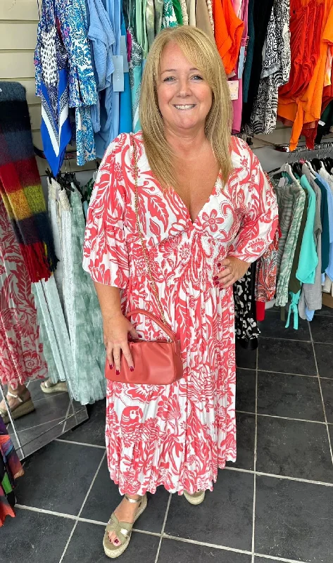 Midnight Sale Coral & white floral shirred waist flared sleeve maxi dress