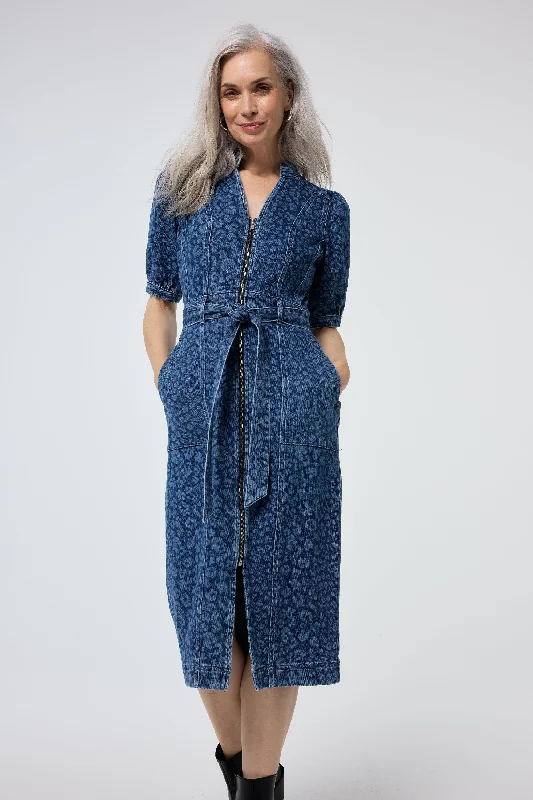 classic fit-and-flare dressAuthentic Indigo Leopard Zip Detail Midi Denim Dress