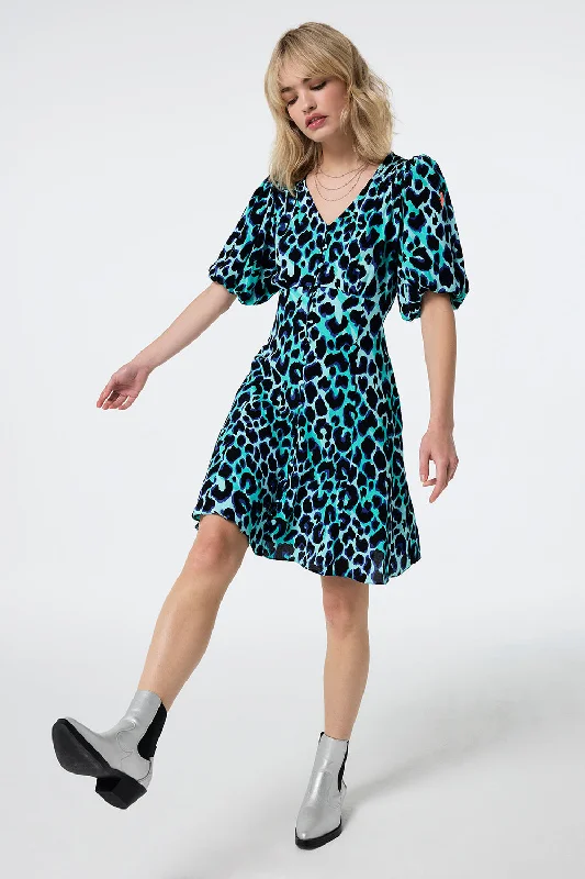 oversized dressTurquoise with Black and Blue Shadow Leopard Puff Sleeve Short Tea Dress