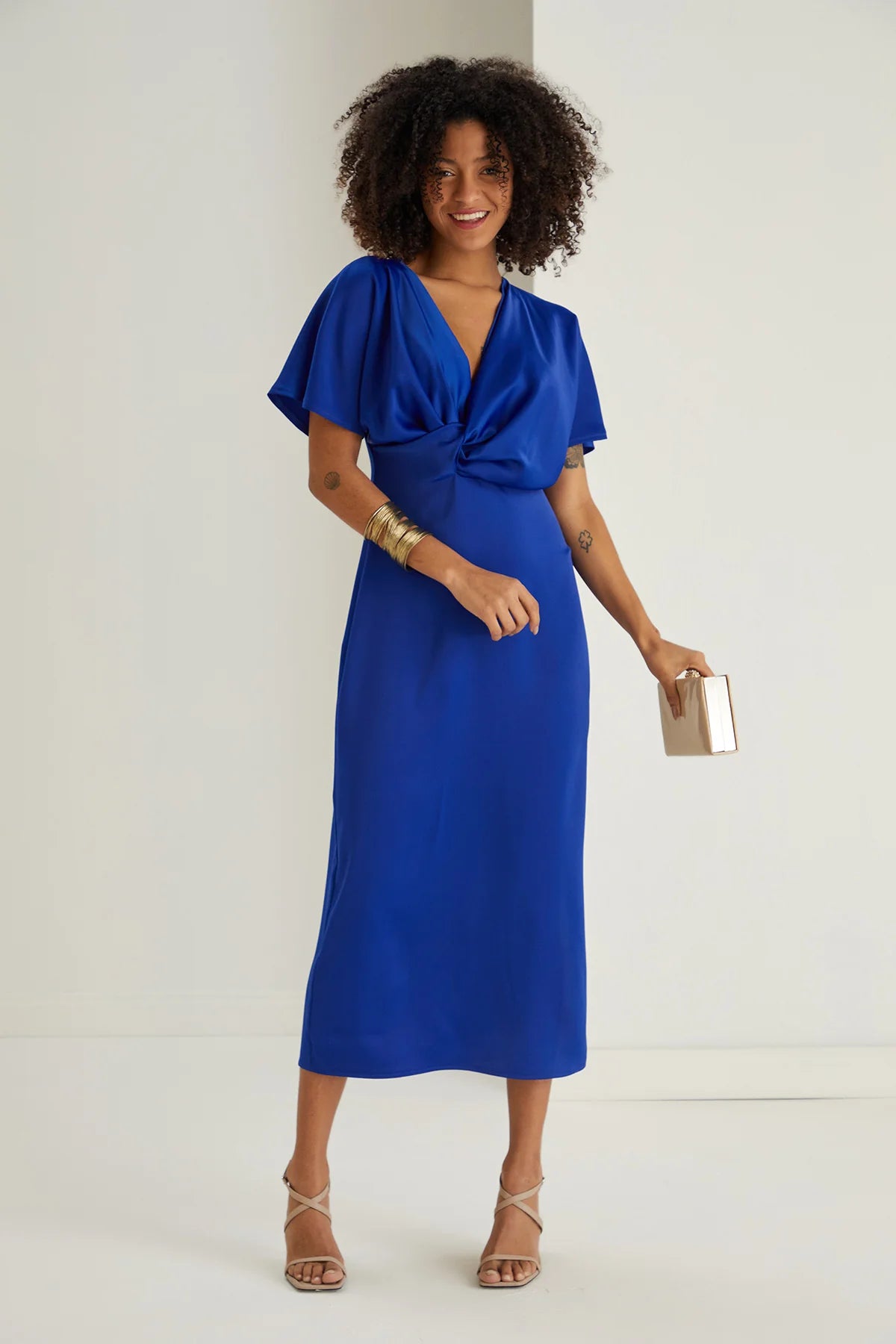 elegant evening dressFarra Cobalt Blue Twist Detail Satin Midi Dress