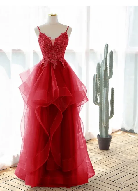 silk dressRed Spaghetti Straps A-Line Tulle Appliques Formal Prom Dress, DP2252