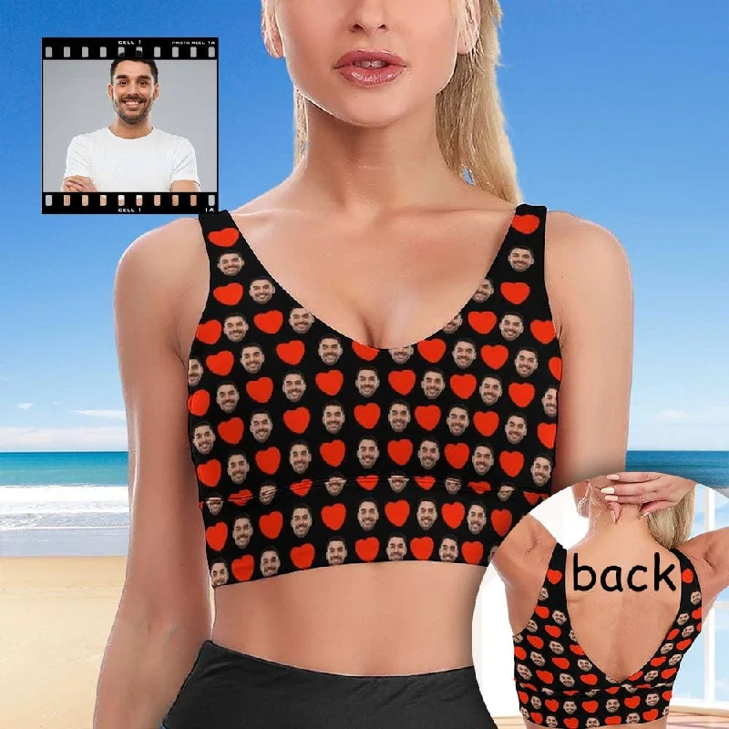 Price Fest Custom Husband Face Red Heart Sports Bra Personalized Women's All Over Print Yoga Sports Bra
