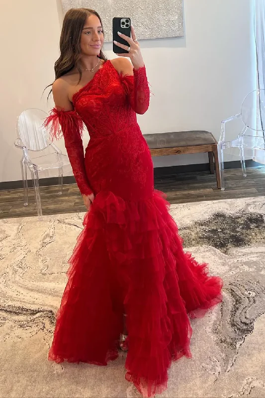 Lowest Price elegant dressRed Charming One Shoulder Tulle Tiered Mermaid Prom Dress,DP1026