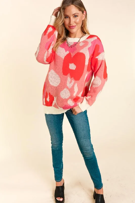 Lowest Price Plus Blush Coral Floral Abstract Soft Pullover Sweater Top