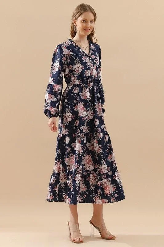 flowy evening dressFLORAL PATTERN LONG SLEEVE CASUAL DRESS