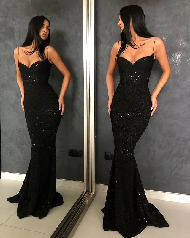 Year-End Sale floral wrap dressBlack Spaghetti Straps Mermaid Sequins Long Prom Dresses,DP805