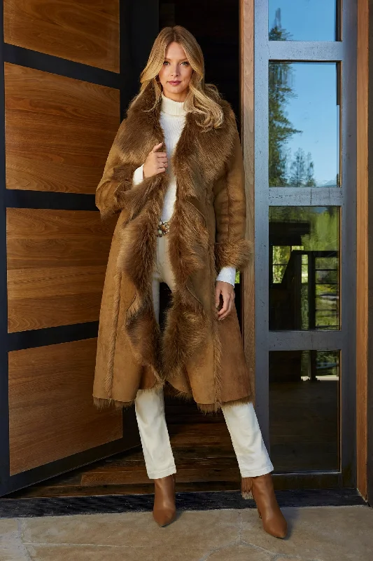 Stock Clearance Faux-Fur Cascading Coat Tobacco