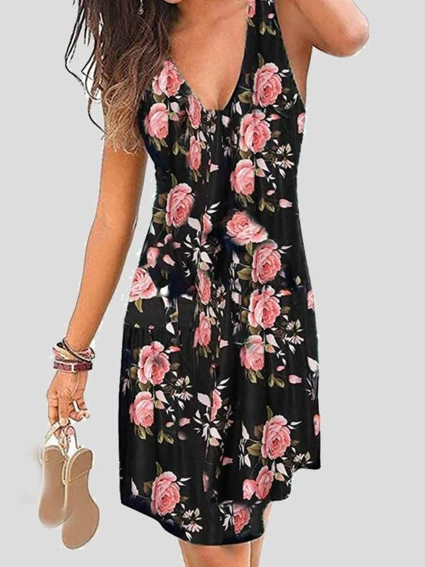 puff sleeve dressV-neck Sleeveless Print Mini Dress