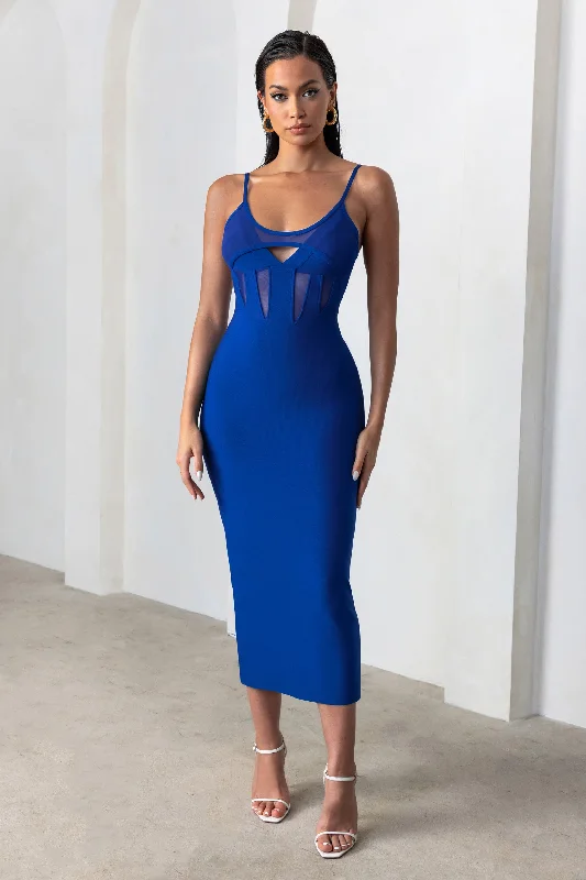 Limited Time Destiny Calling | Electric Blue Bandage Mesh Cut Out Midi Dress with Bra Detail