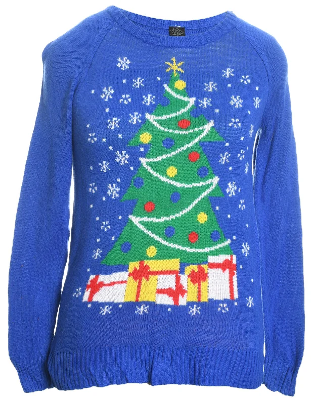Huge Discounts Blue Knit Round-Neck Christmas Jumper - S