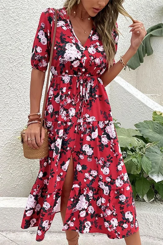 shift dressFRONT SLIT V NECK PUFF FLORAL DRESS