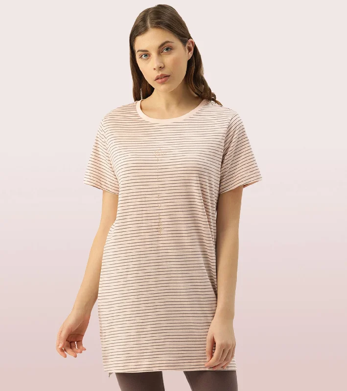 Unbeatable Prices Tunic Tee - Striped | Short Sleeve Tunic Tee With Side Slit & Mindful Graphic Unbeatable Prices Tunic Tee - Striped | Short Sleeve Tunic Tee With Side Slit & Mindful Graphic